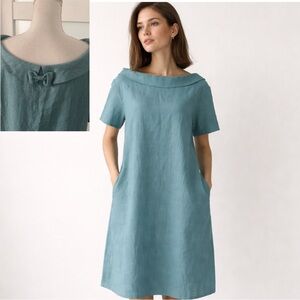 Le Muse Light Teal Linen Story Dress SZ XL Pockets Shift Summer Minimalist EUC